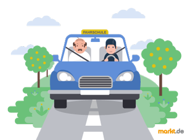 Der Fahrlehrer spielt auf dem Weg zum Führerschein eine wichtige Rolle. Grafik Fahrschulauto bei Fahrstunde