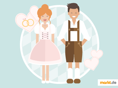 Bei der Trachtenhochzeit trägt die Braut ein Hochzeitsdirndl und der Bräutigam Lederhosen. Grafik Hochzeitsmotto Trachten