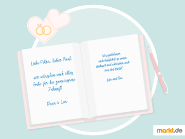 Bei dem Gästebuch kann ein Thema vorgegeben sein oder man lässt den Gästen freie Hand. Grafik Gästebuch für Hochzeit
